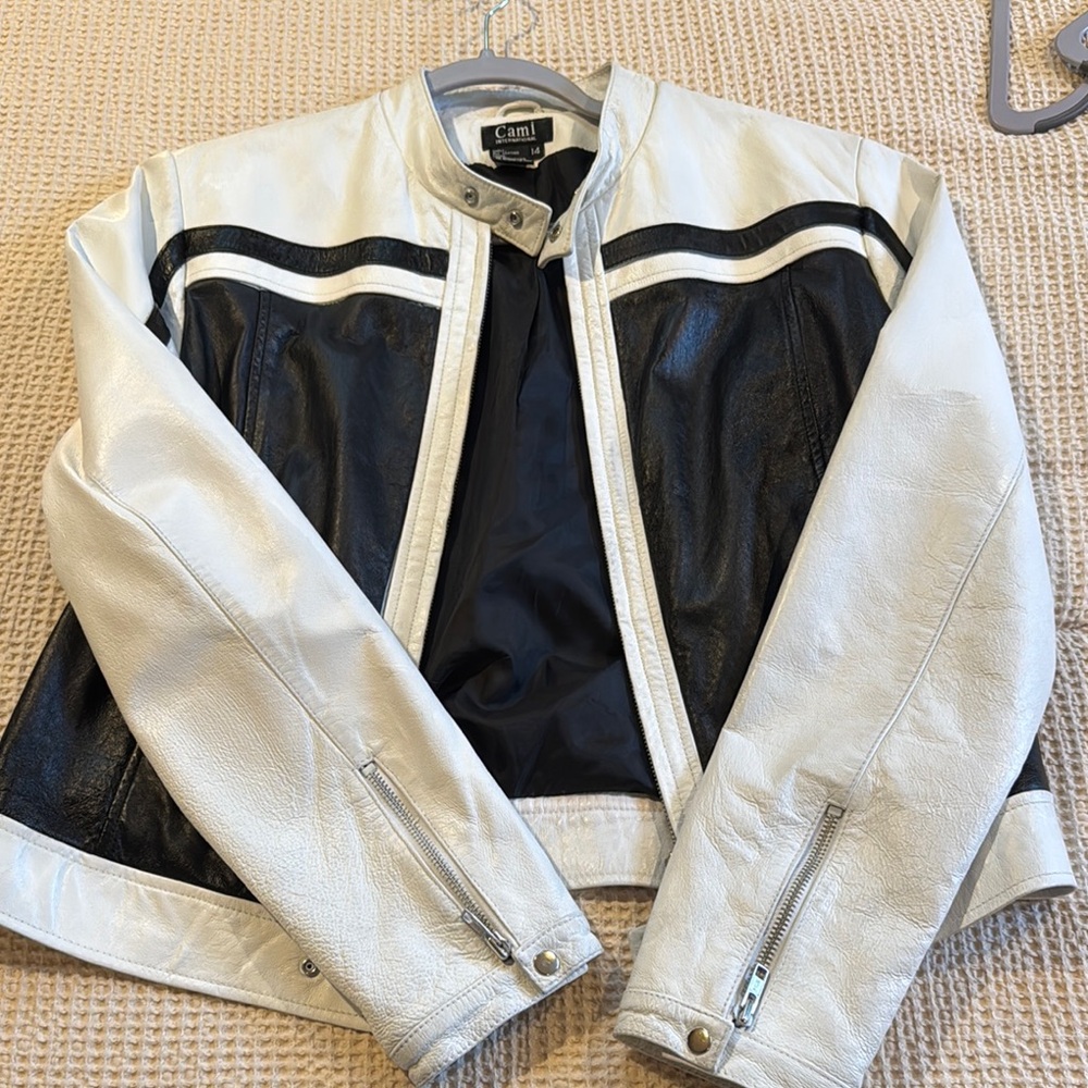 Vintage White and Black Leather Racing Jacket